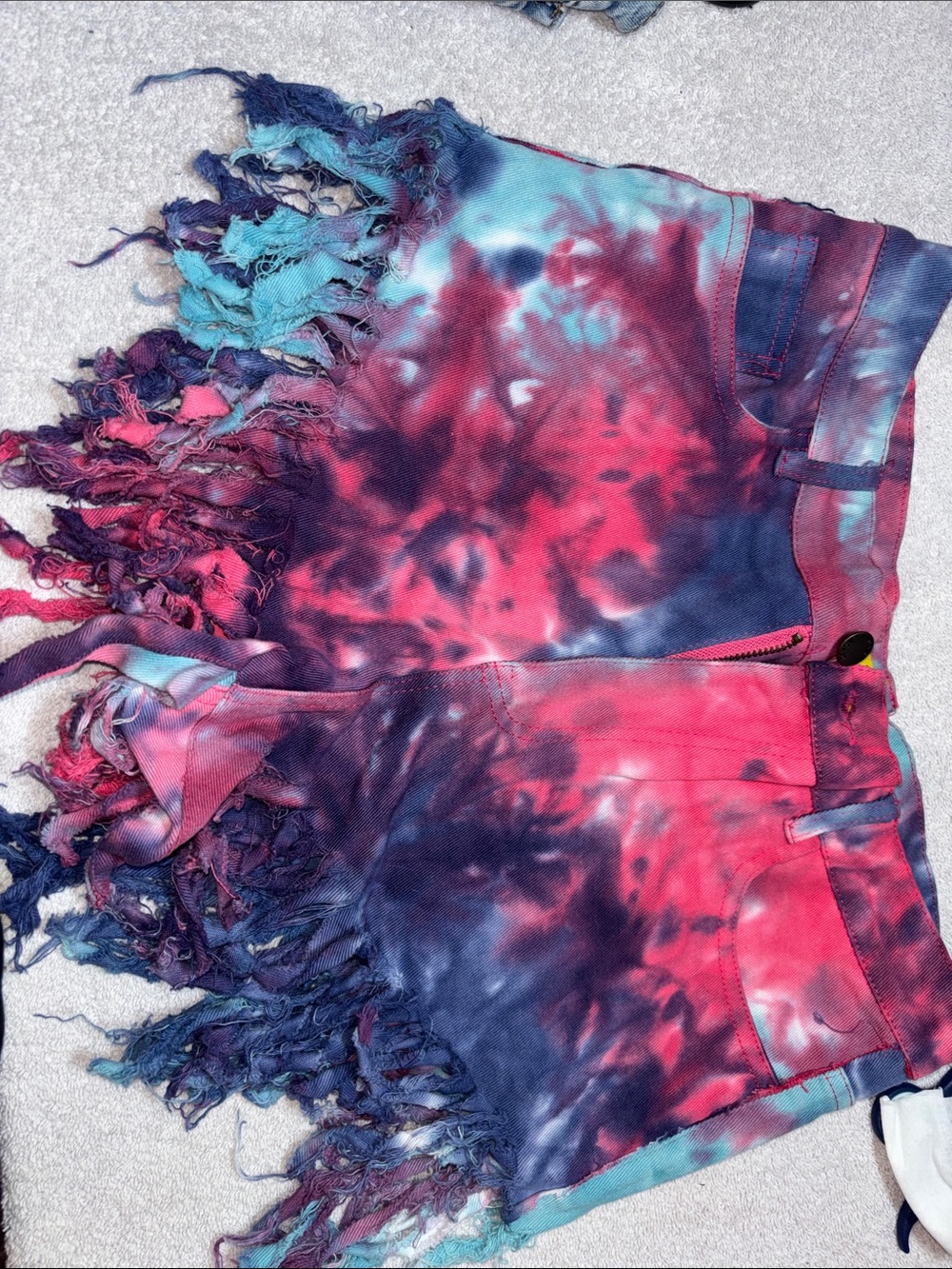 Daisy Tie-Dye Fringe Jean Shorts in Pink & Blue